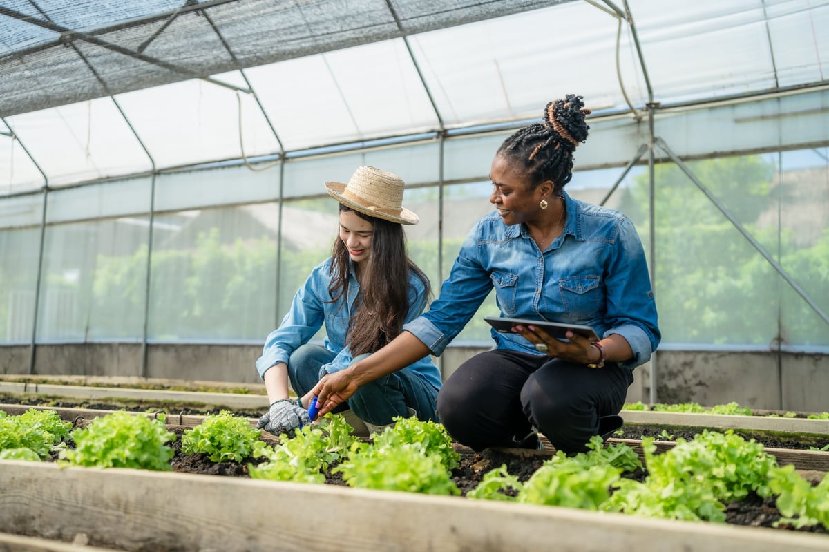 Female Agronomist with a Tablet Teaching a Young Farmer about Modern Planting Techniques