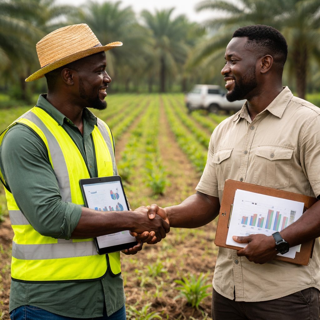 Two agricultural workers shake hands in a field with rows of crops and palm trees, one wearing a yellow safety vest and straw hat holding a tablet, the other in a tan shirt holding a clipboard