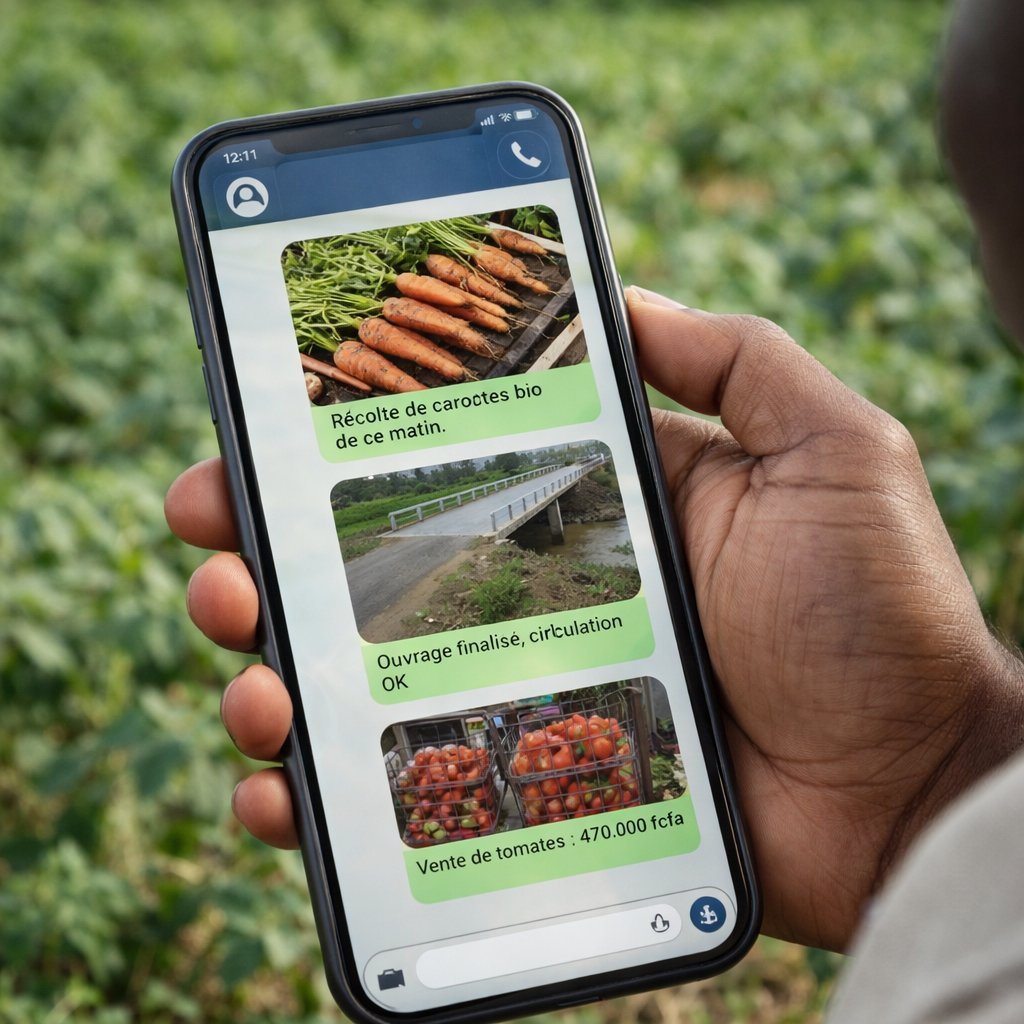 Hand holding smartphone displaying French agricultural marketplace messages about carrot harvest, greenhouse completion, and tomato sales against green field background
